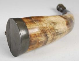 A large curved horn table snuff mull with pewter mounts and thistle terminal pierced with squares,