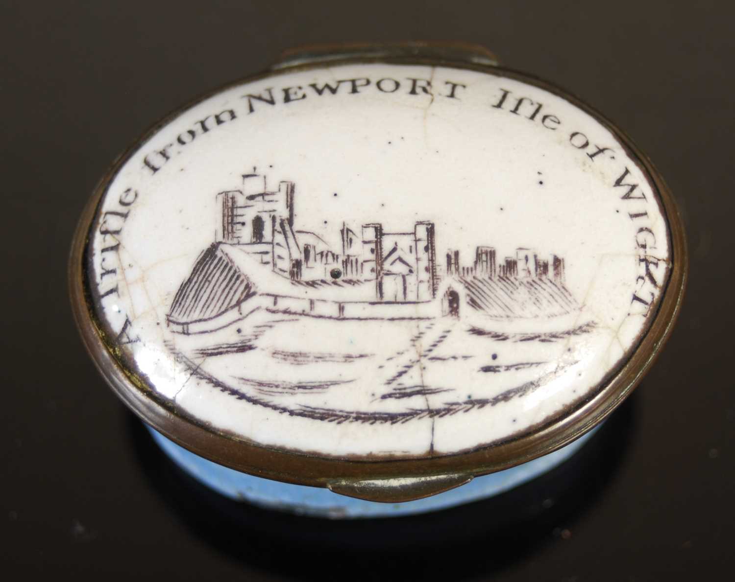 An 18th century Battersea enamel oval patch box, the hinged oval cover inscribed 'A Trifle from - Image 3 of 5