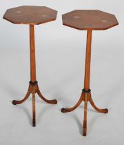 A pair of early 20th century painted satinwood octagonal-shaped occasional tables, the tops