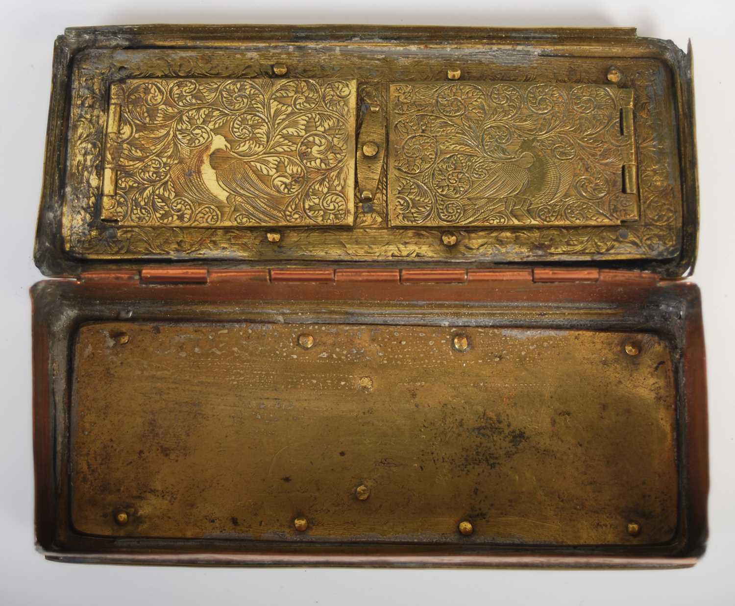 A Fine Dutch brass and copper oblong tobacco box, the hinged cover and base with sliding panels - Image 5 of 7