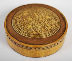 A rare bone and treen circular lid from a snuff box, the bone disc incised with inscription ‘IF ANEY