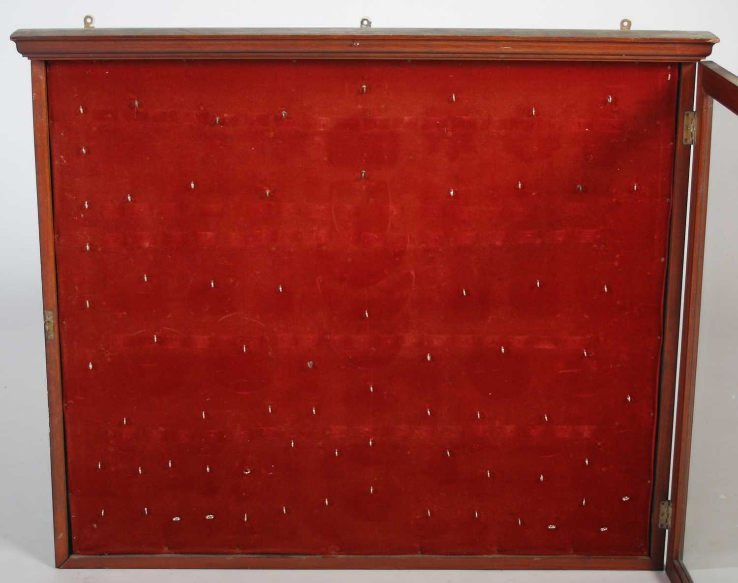 A 19th century mahogany notice board, with moulded cornice and single glazed door opening to a - Image 2 of 3