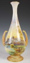 A Royal Worcester twin-handled bottle vase, dated 1903, with a hand-painted view of Windsor