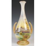 A Royal Worcester twin-handled bottle vase, dated 1903, with a hand-painted view of Windsor