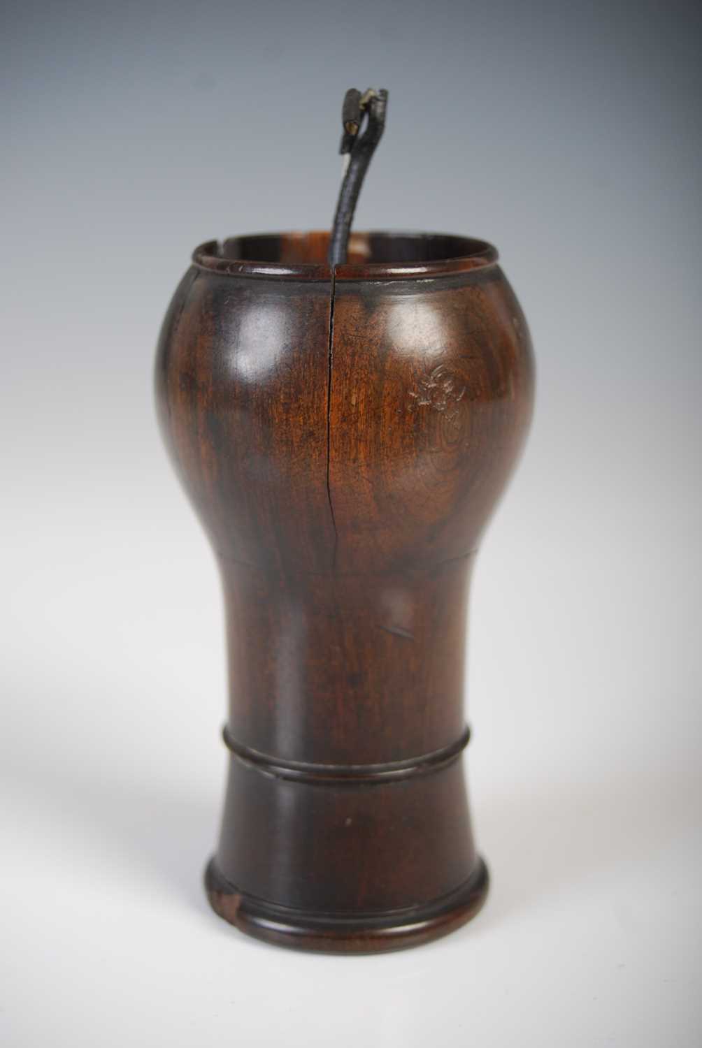 A Scottish tall baluster laburnum snuff mull, the pull-off lid with leather loop handle and vellum - Image 2 of 3