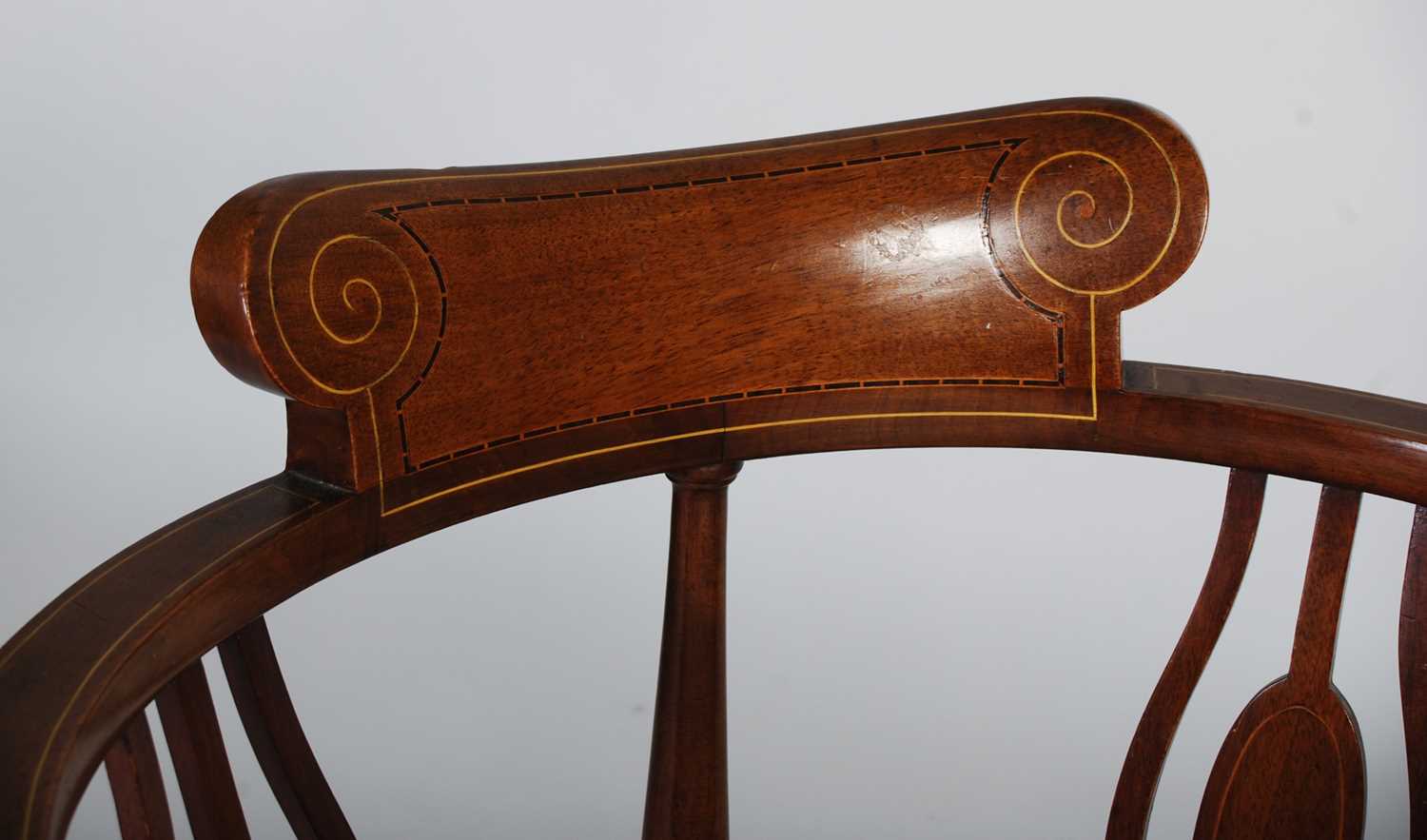 Two Edwardian mahogany chairs, one a horseshoe back armchair with vertical spindle gallery, floral - Image 2 of 9