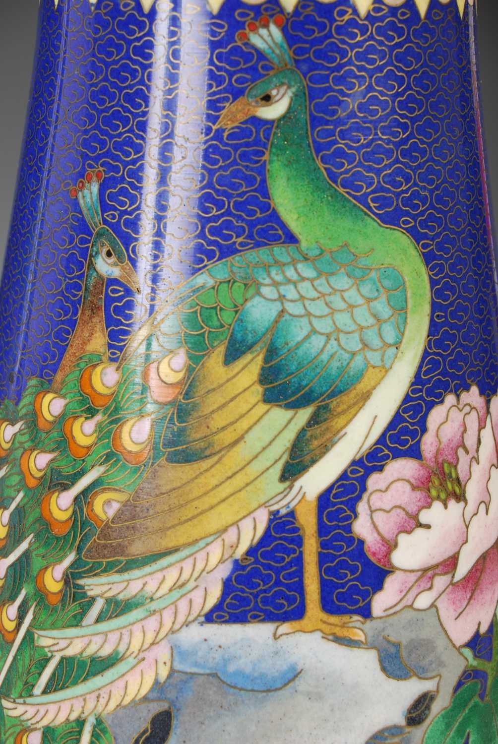 A pair of Chinese blue ground cloisonne vases, late 19th / early 20th century, decorated with a pair - Image 4 of 6