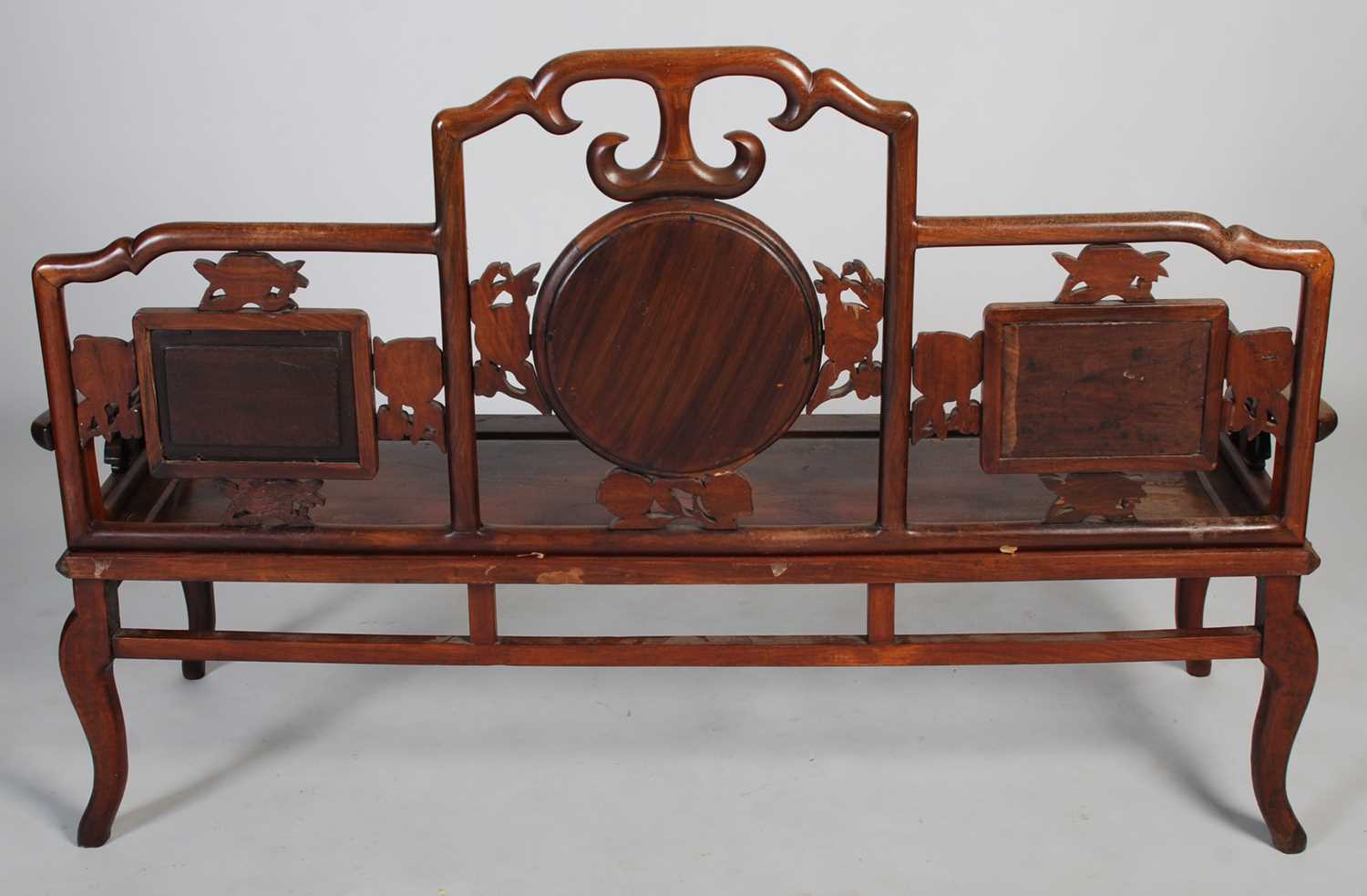 A Chinese dark wood and marble bench, late 19th/ early 20th century, the upright back centred with a - Image 6 of 6