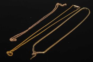 A yellow metal serpent necklace, stamped '9ct', 8.4 grams; together with a yellow metal necklace