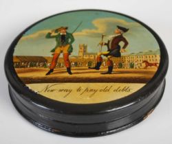 A black lacquer papier-mâché circular snuff box, the detachable cover with two male figures in a