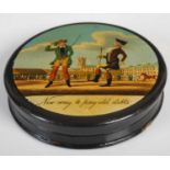 A black lacquer papier-mâché circular snuff box, the detachable cover with two male figures in a