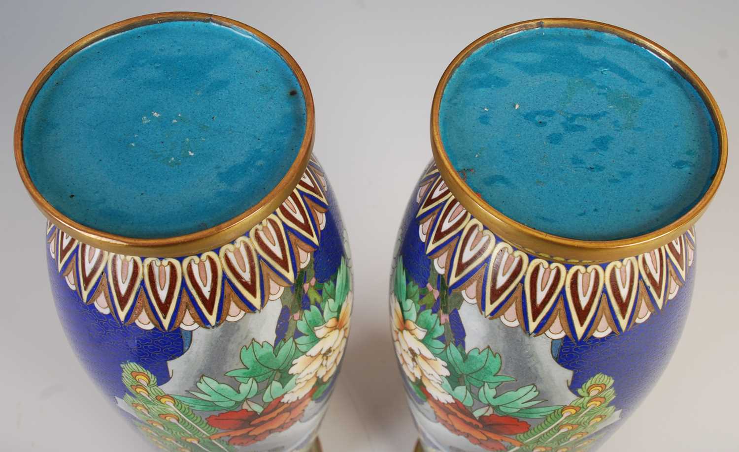 A pair of Chinese blue ground cloisonne vases, late 19th / early 20th century, decorated with a pair - Image 6 of 6