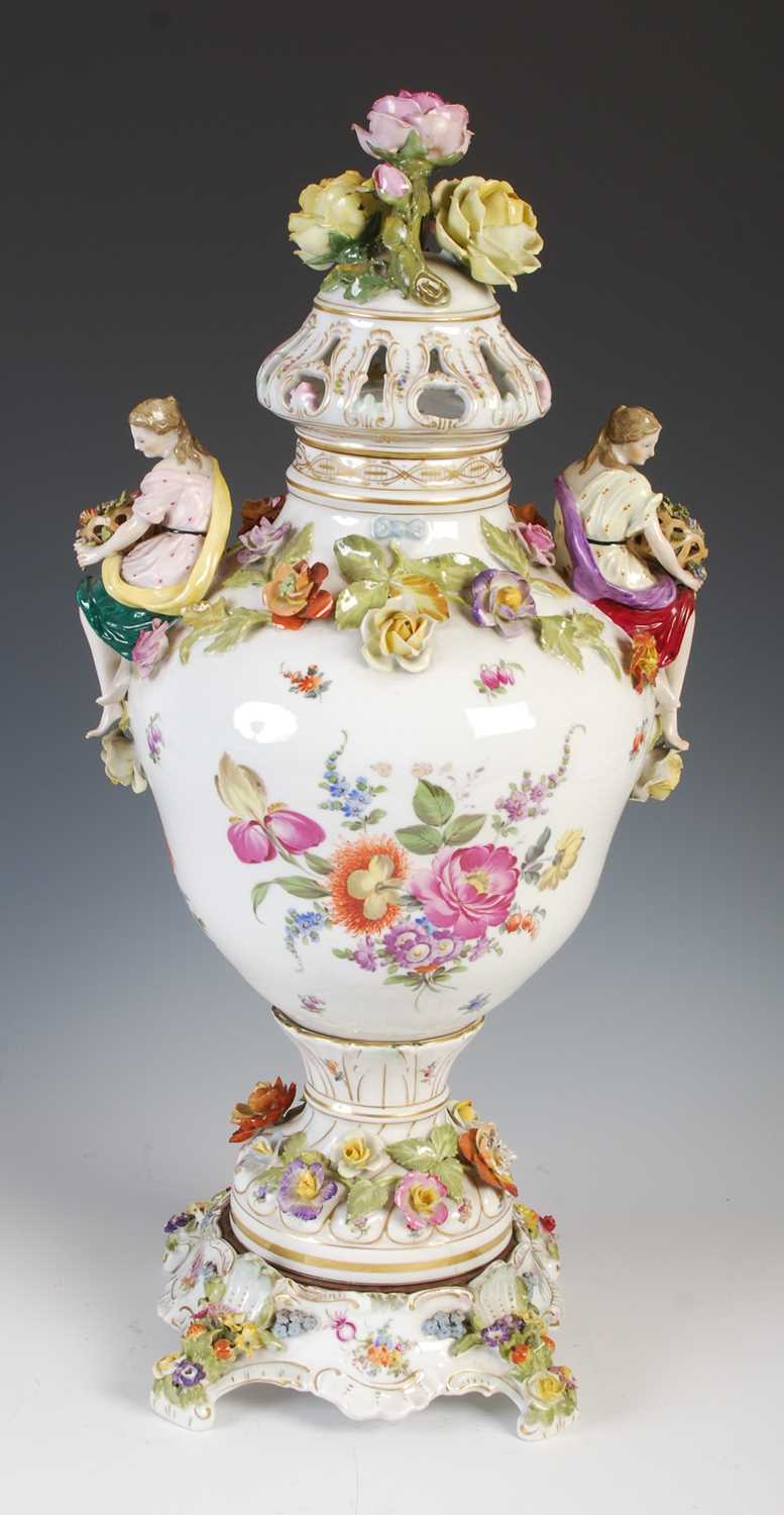 A late 19th / early 20th century Dresden porcelain urn, cover and stand, the urn decorated with - Image 5 of 11