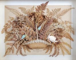 A Victorian dried flower montage, depicting a basket of flowers with crab and shell detail,