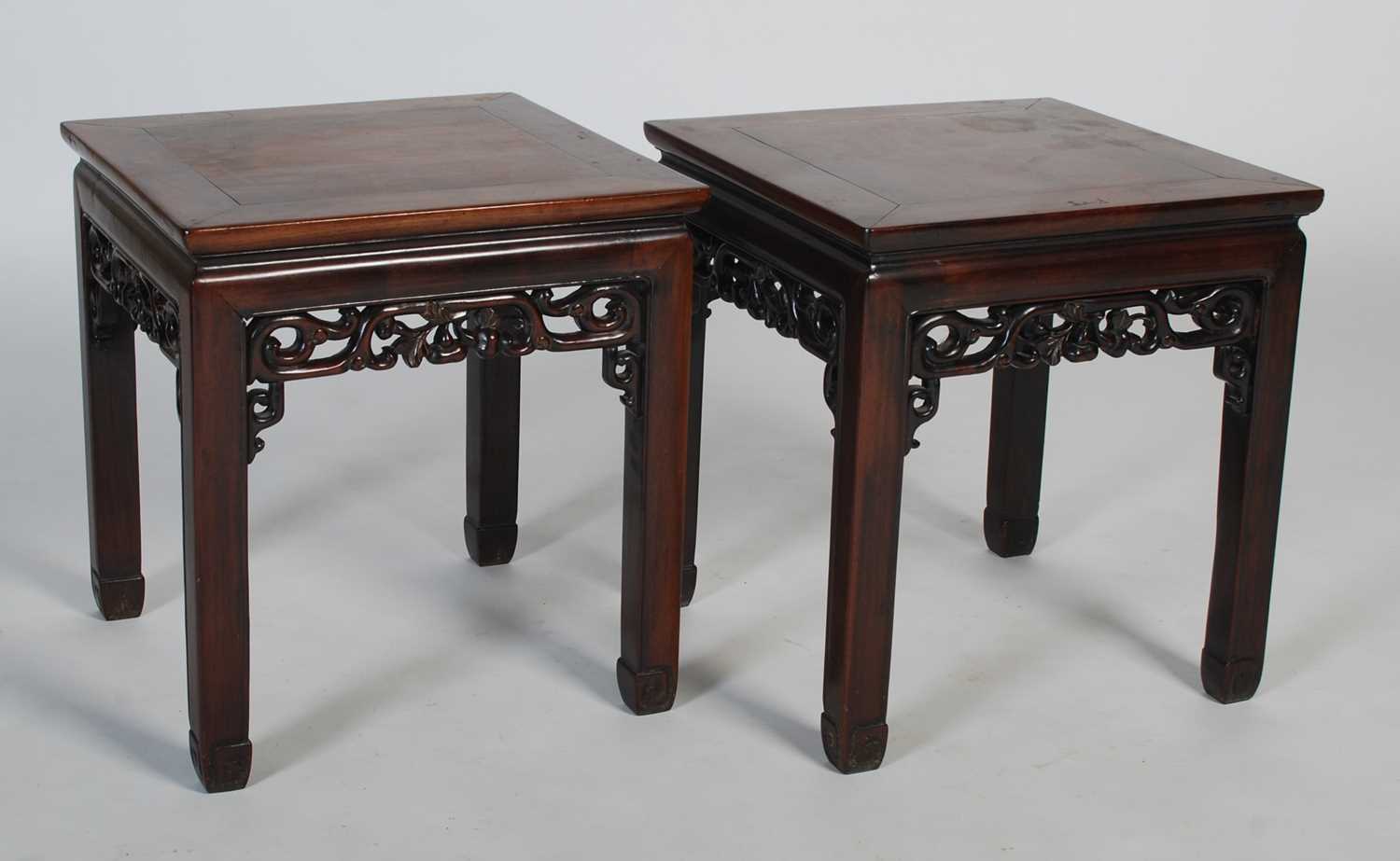 A pair of Chinese dark wood square occasional tables, late Qing Dynasty, the square panelled tops - Image 6 of 6