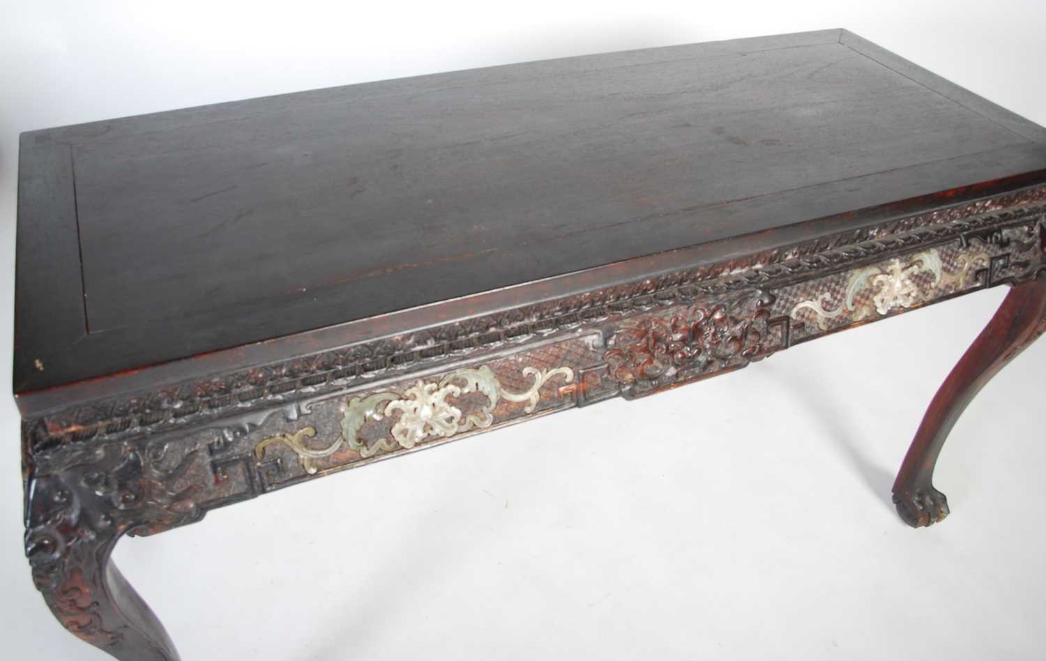 A Chinese dark wood and hardstone decorated scroll table, late 19th/ early 20th century, the - Image 2 of 7