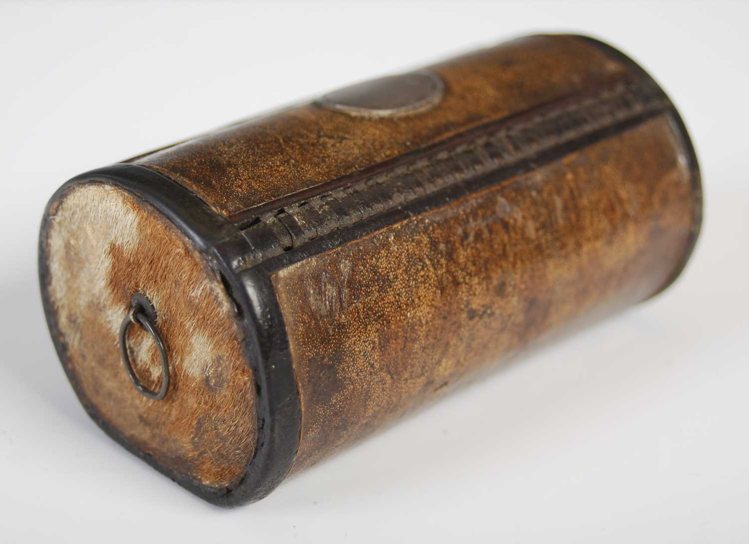 A leather cylindrical snuff box in the form of a travelling trunk, with leather integral hinge, - Image 2 of 4