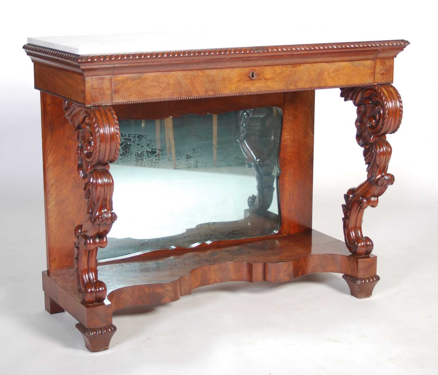 A 19th century French mahogany console table, the mottled white and grey rectangular marble top