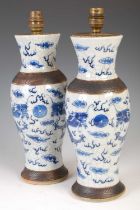 A pair of Chinese porcelain blue and white crackle glaze vases converted to table lamps, late Qing