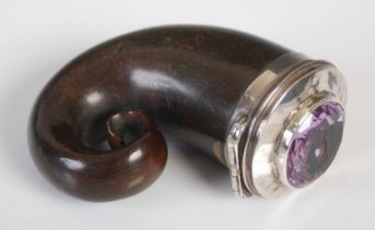 A Scottish curly horn snuff mull with silver mounts, the hinged cover set with a faceted amethyst