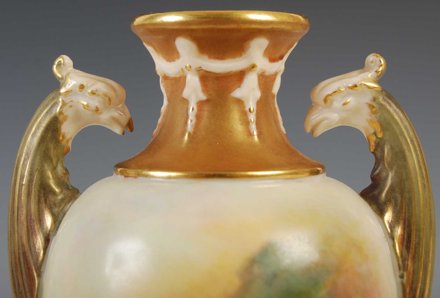 A Royal Worcester twin-handled urn, dated 1912, with hand-painted of two sheep grazing in a mossy - Image 3 of 6