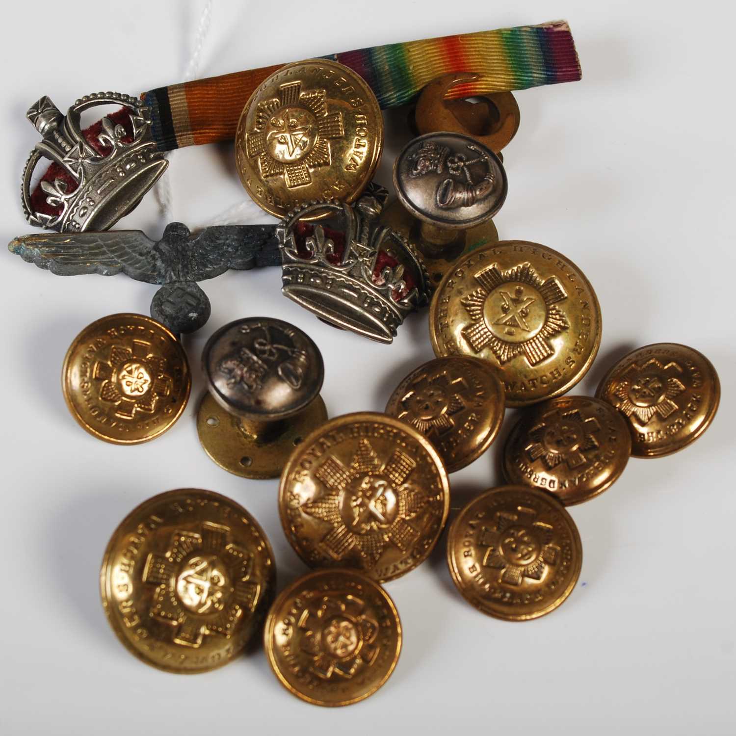 Militaria Interest - A collection of assorted Black Watch buttons, a ribbon bar, a German Nazi stick