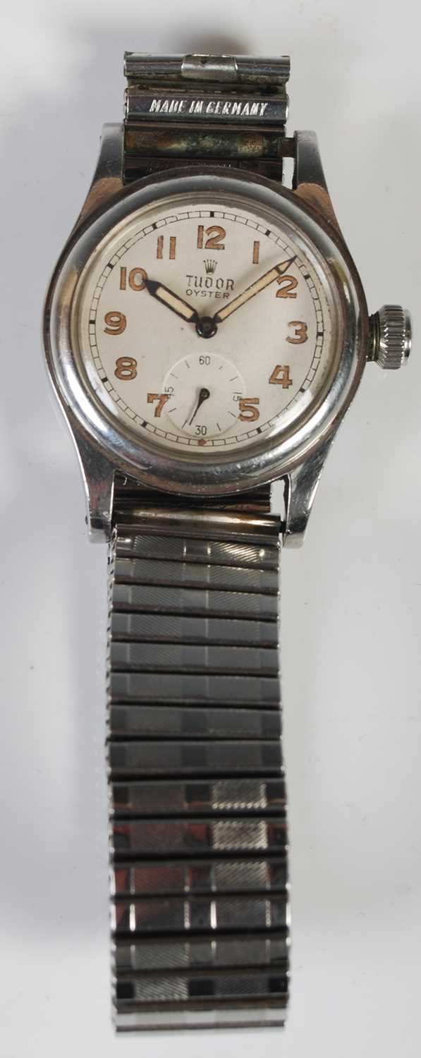 A vintage Gentlemans Tudor Oyster stainless steel wristwatch, the silvered dial with Arabic numerals