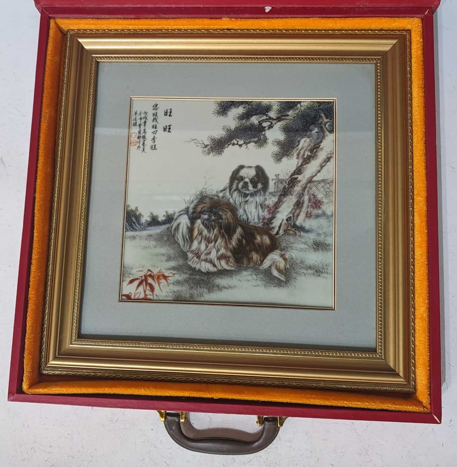 A late 20th Century Chinese painted porcelain square plaque by AiQin Cao (B. 1954), of two Pekingese - Image 2 of 10