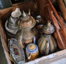 A box of assorted mixed wares to include two brass and copper teapots, Royal Doulton Sherbrooke