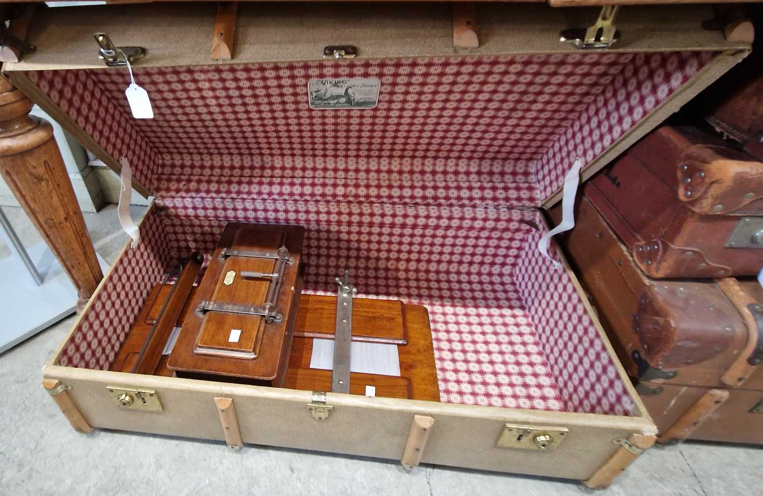 A vintage 'Viking travelling trunk', with wood and brass bound details, containing two vintage - Image 2 of 2