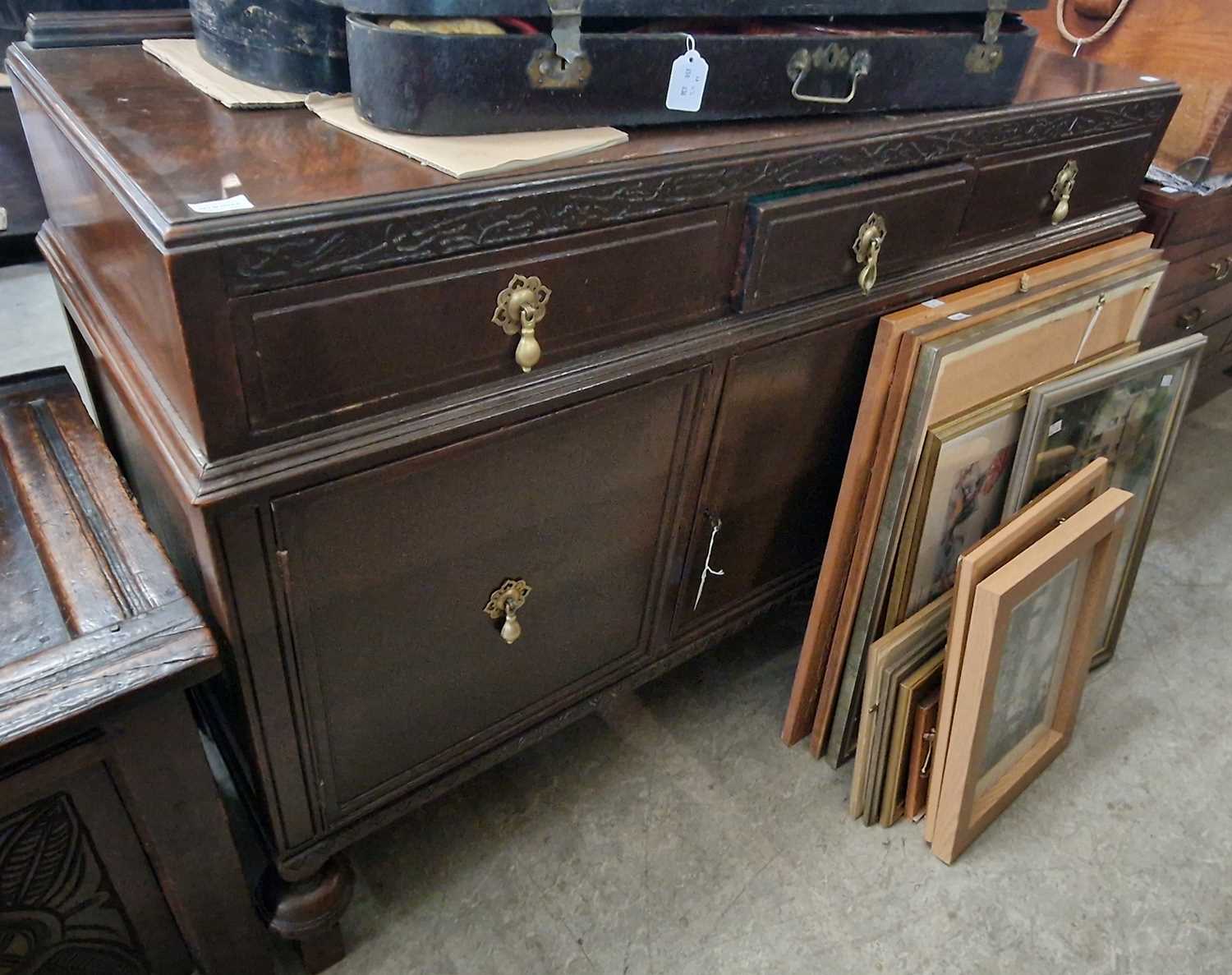 A 20th century dining room suite comprising sideboard, refectory table, and six spindle back side - Image 3 of 3