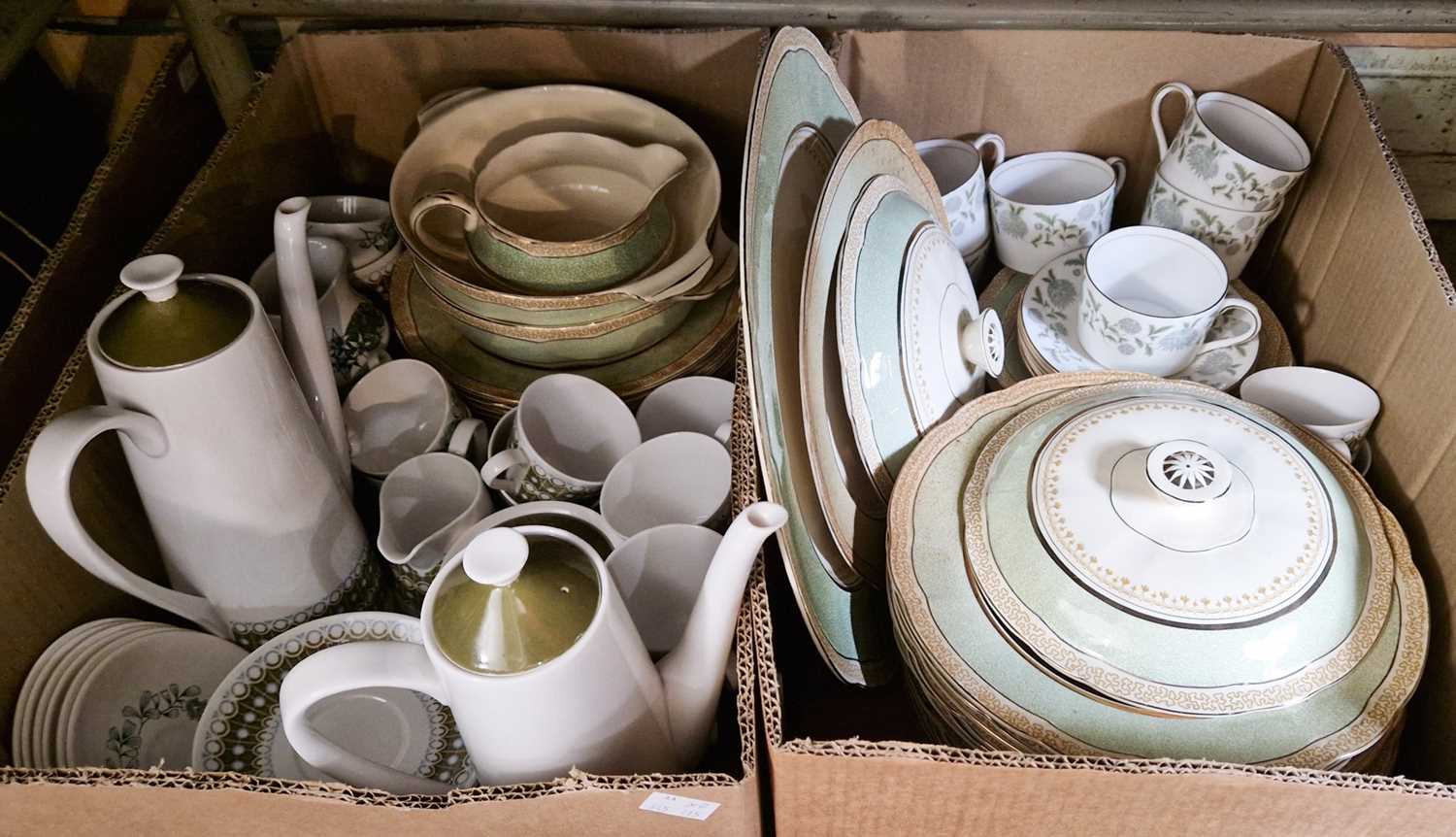 Two boxes of mixed tea/dinner wares to include a Royal Tuscan part tea set, a Coalport tea set etc.