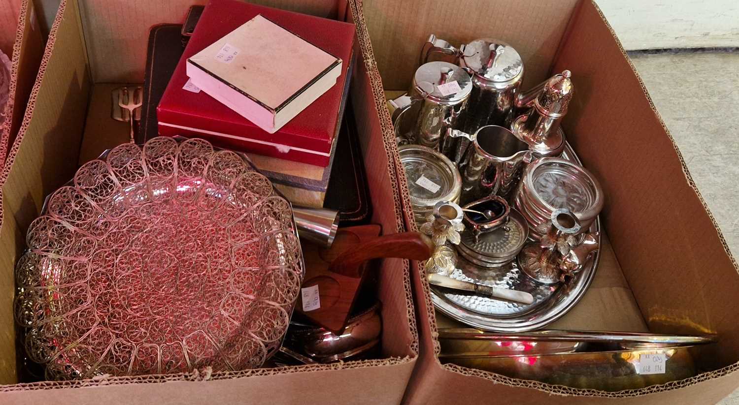Two boxes of assorted EPNS and other mixed metal wares.