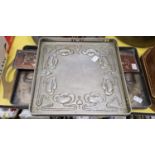 A collection of early 20th century metalware to include an Arts & Crafts style white metal square-