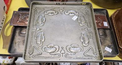 A collection of early 20th century metalware to include an Arts & Crafts style white metal square-