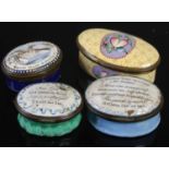 Three assorted 18th century English enamel snuff boxes to include a blue ground box with hinged