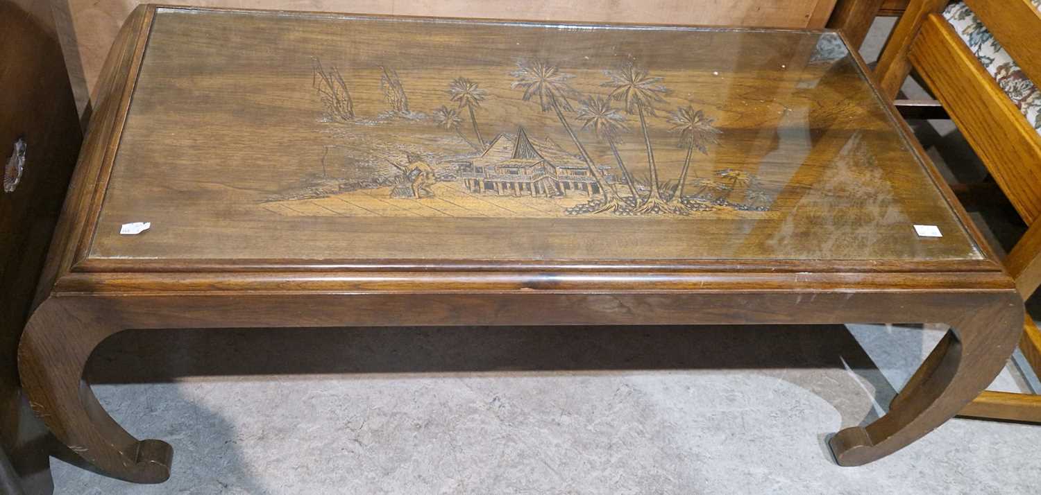 A Chinese carved wood blanket box, decorated in shallow relief with figures, palm trees, pavilions - Image 2 of 2