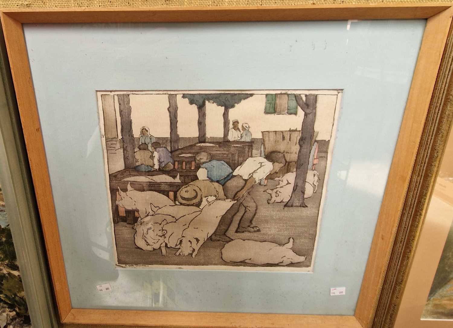 E. York Brunton Pigs and Pig Handlers woodblock print, signed lower left 32cm x 36cm, framed and