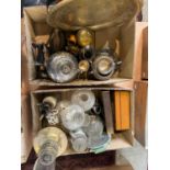 Two boxes of mixed wares to include parafin lamps and components of, EP ware, two vintage irons, a