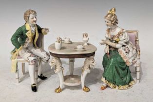 A Continental porcelain figure group of an elegantly dressed lady & gentleman, seated in chairs,