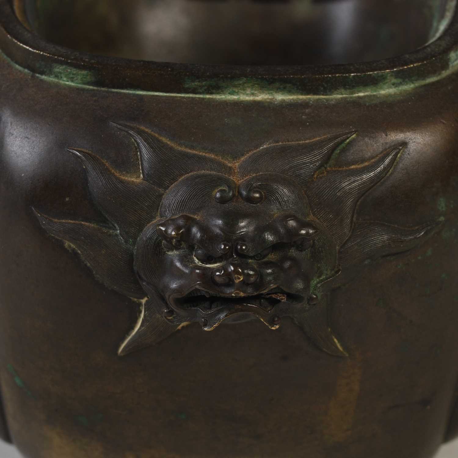 A late 19th century Japanese bronze censor, decorated in relief with Kylin and dragon, the sides - Image 2 of 3