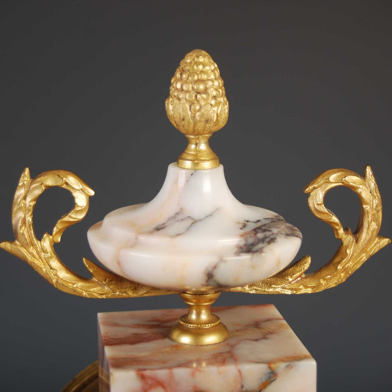 A late 19th century marble and gilt metal mounted clock garniture, the clock with circular enamel - Image 3 of 9