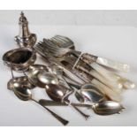 A collection of silver and electroplated wares to include silver pepper pot and salt in the Art