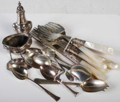 A collection of silver and electroplated wares to include silver pepper pot and salt in the Art