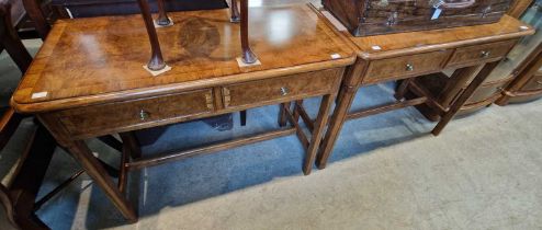 A pair of John Lewis burr walnut console/side tables each fitted with two frieze drawers, 91cm