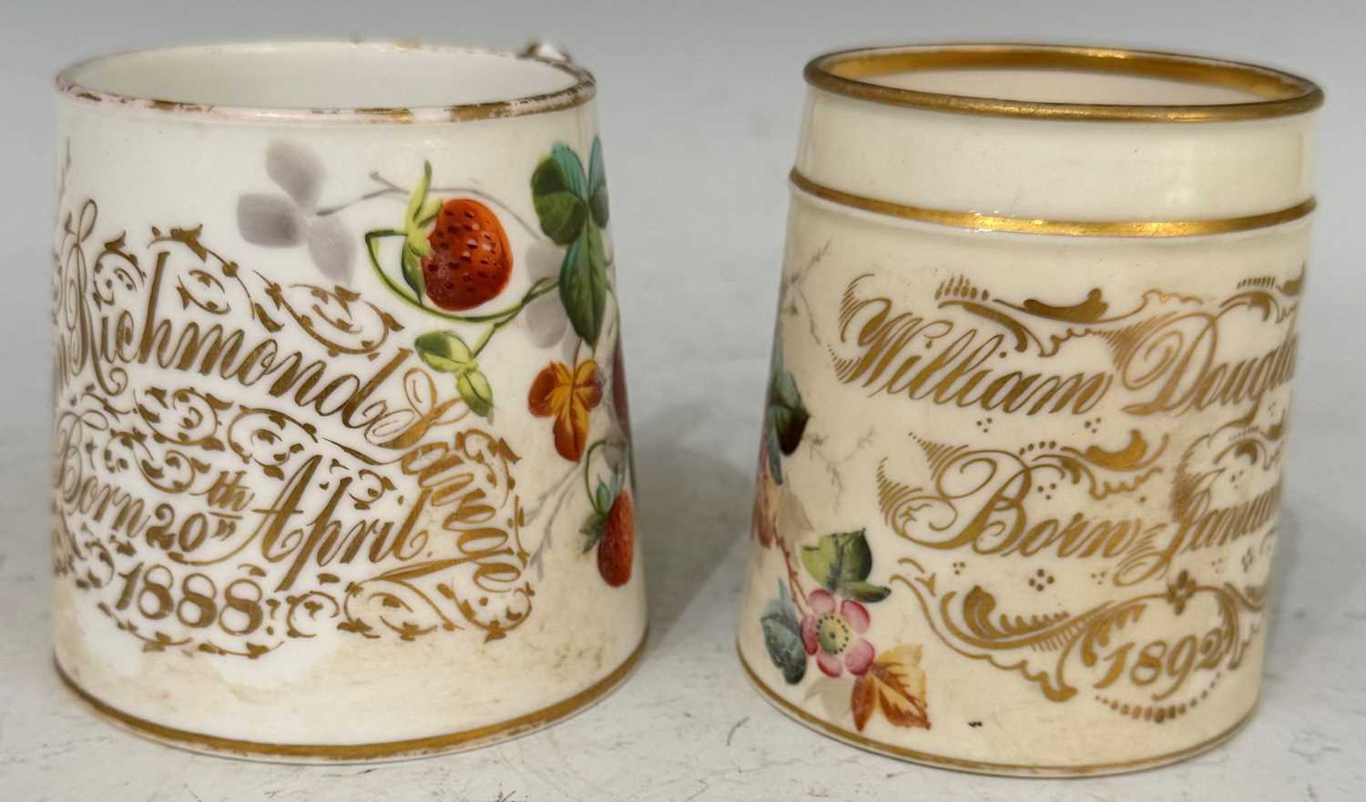 Two late 19th century porcelain hand-painted christening mugs, the first with gilded inscription ' - Image 2 of 2