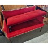 An Edwardian mahogany and satin wood banded red velvet upholstered sofa, 118cm wide together with