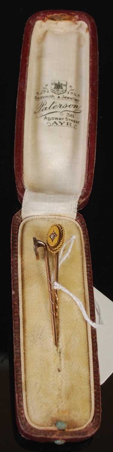 Two late 19th century yellow metal stick pins, both topped with a diamond chip, gross weight 3.6 - Image 2 of 2