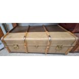 A vintage 'Viking travelling trunk', with wood and brass bound details, containing two vintage