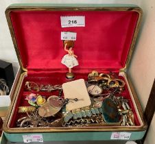 A box of assorted costume jewellery, brooches, bracelets, rings, earrings, etc.